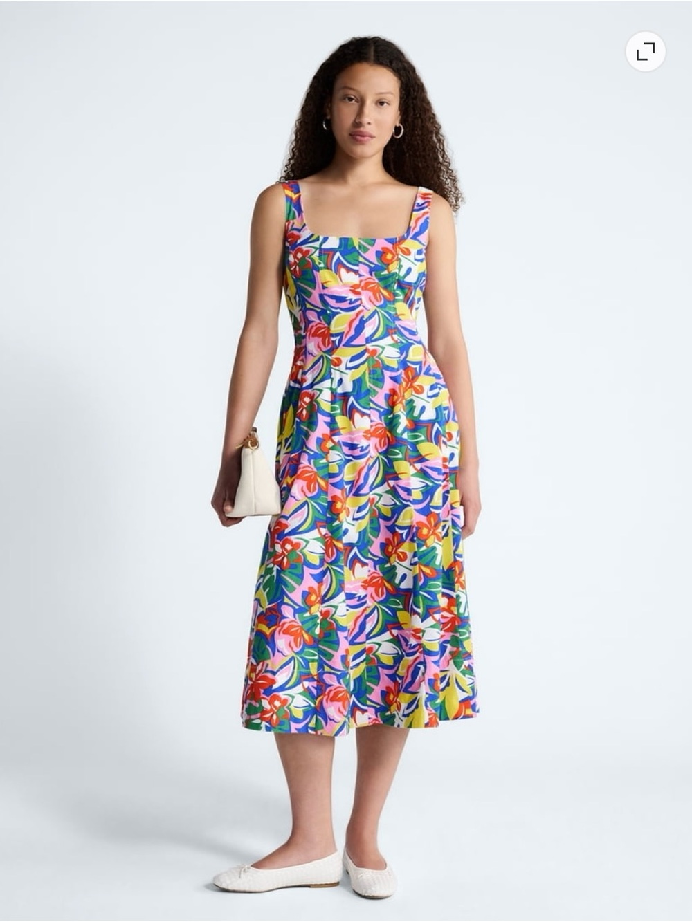 Free Assembly Square Neck Colorful Floral Midi Dress Coastal Tropical Beach S